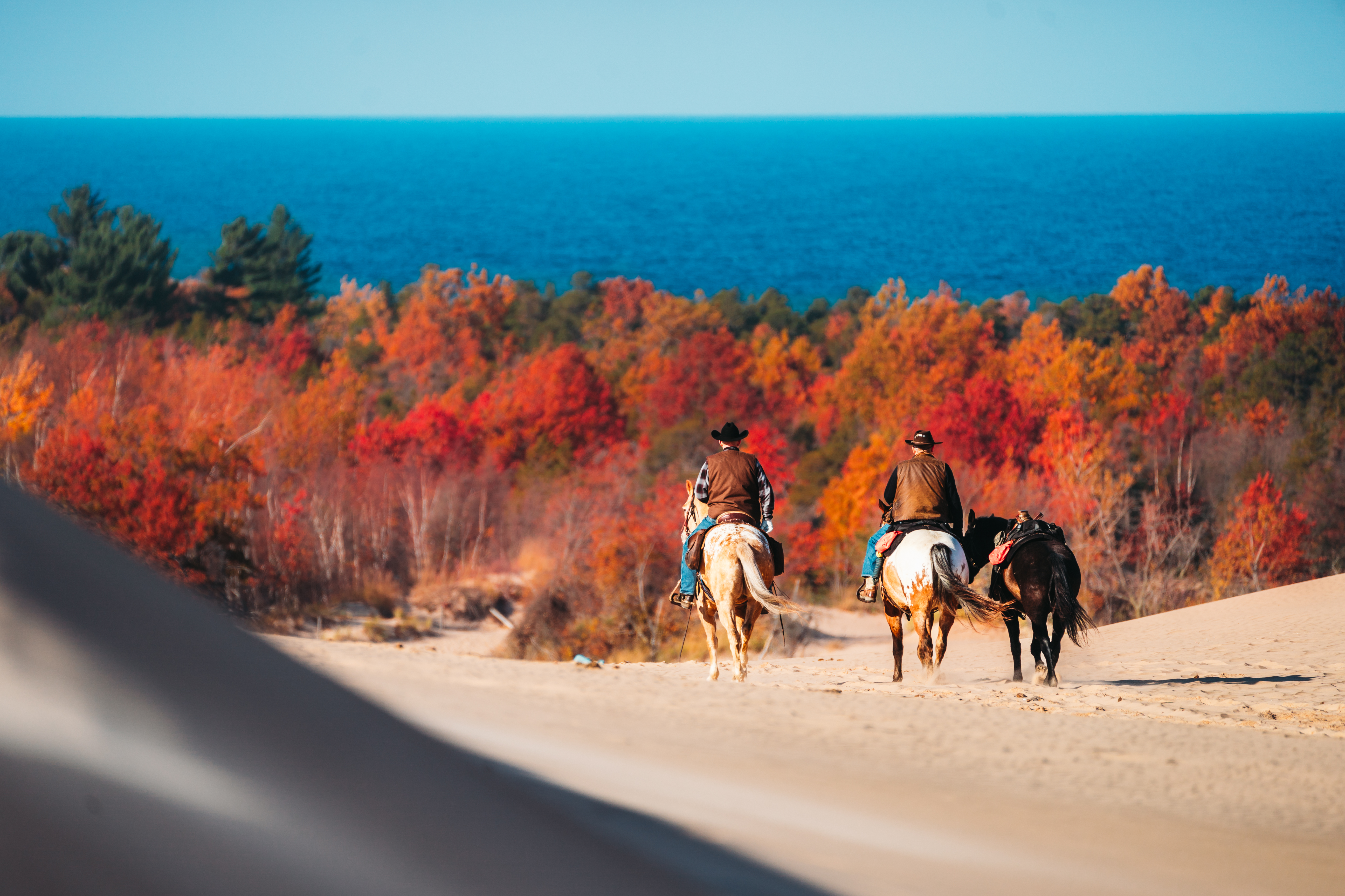 Horseback Riding in the Fall A group riding horses on sand dunes by Lake Michigan in the fall.