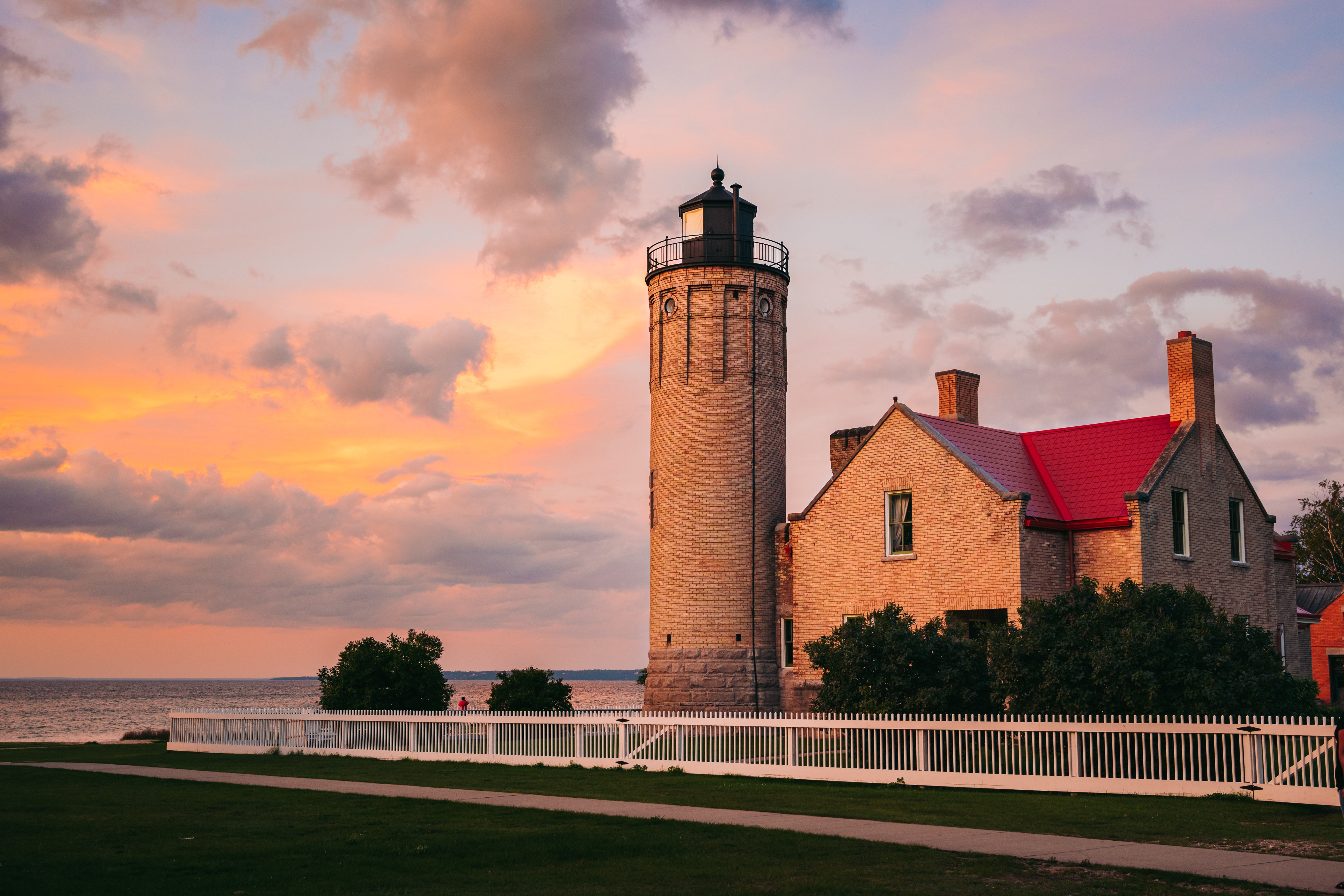 Brick lighthouse on the shoreline