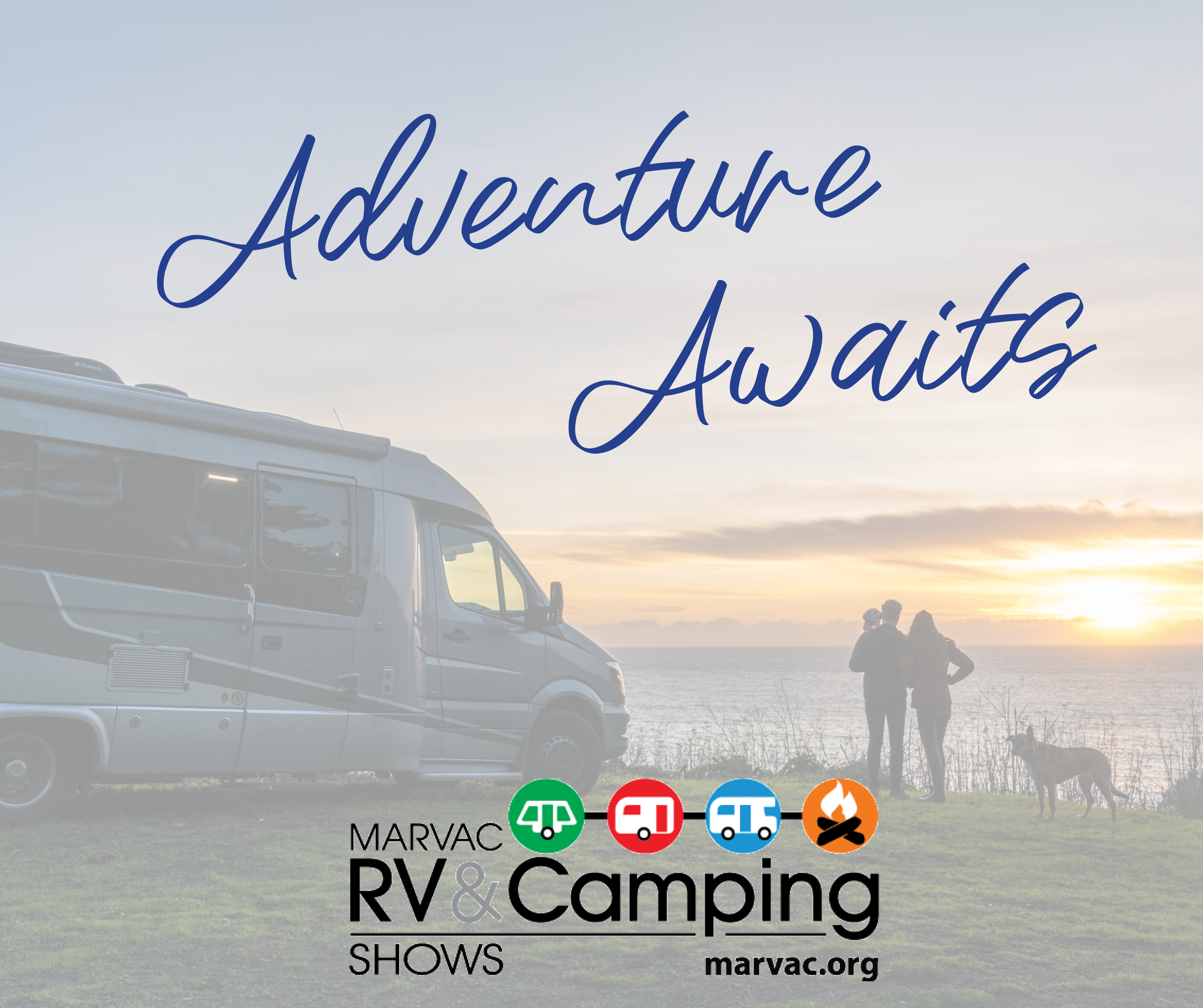 A graphic design that reads "Adventure Awaits" with the RV and Camping Show logo.