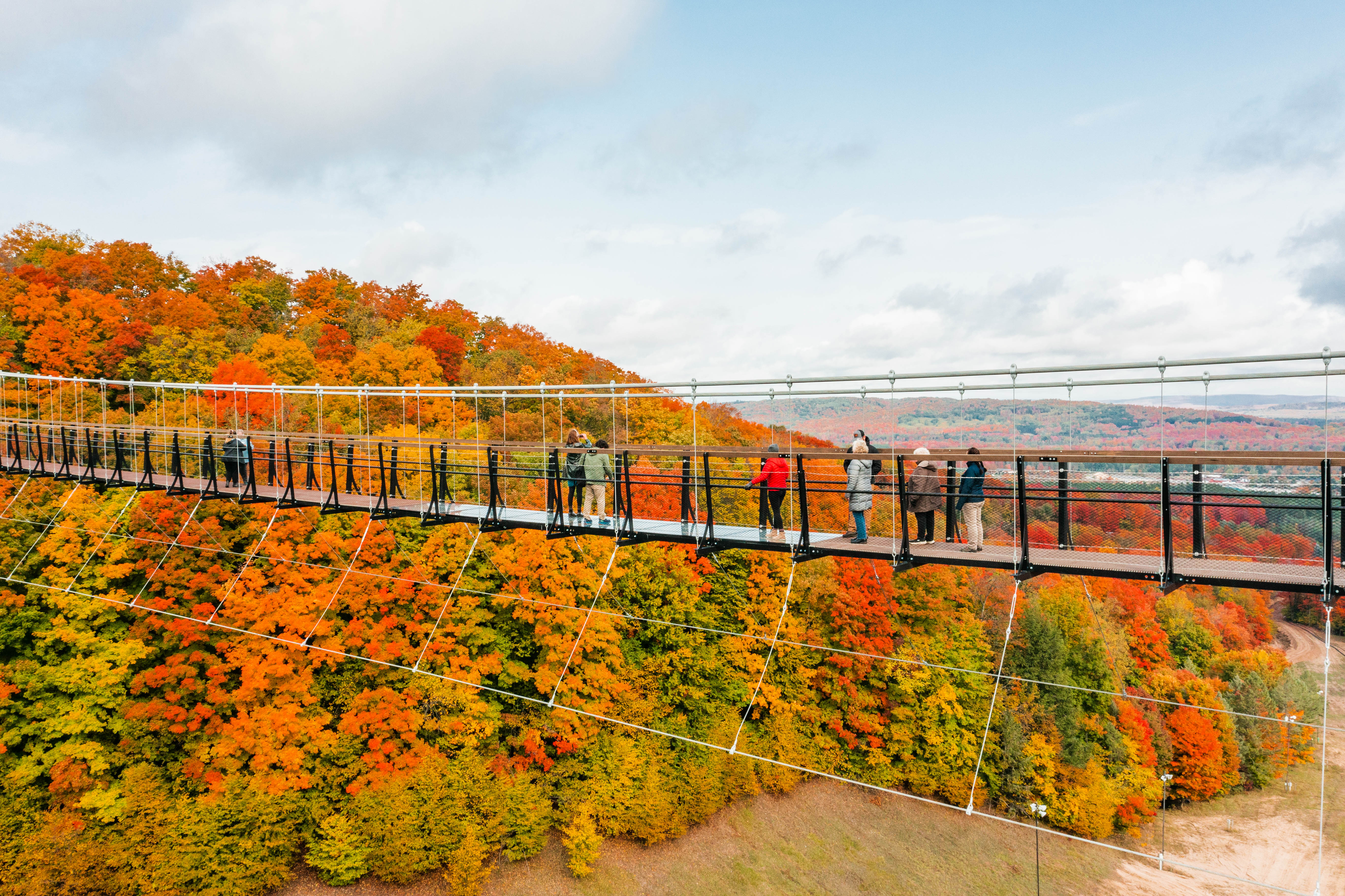 SkyBridge at Boyne Mountain Resort A pedestrian suspension bridge in the trees during fall