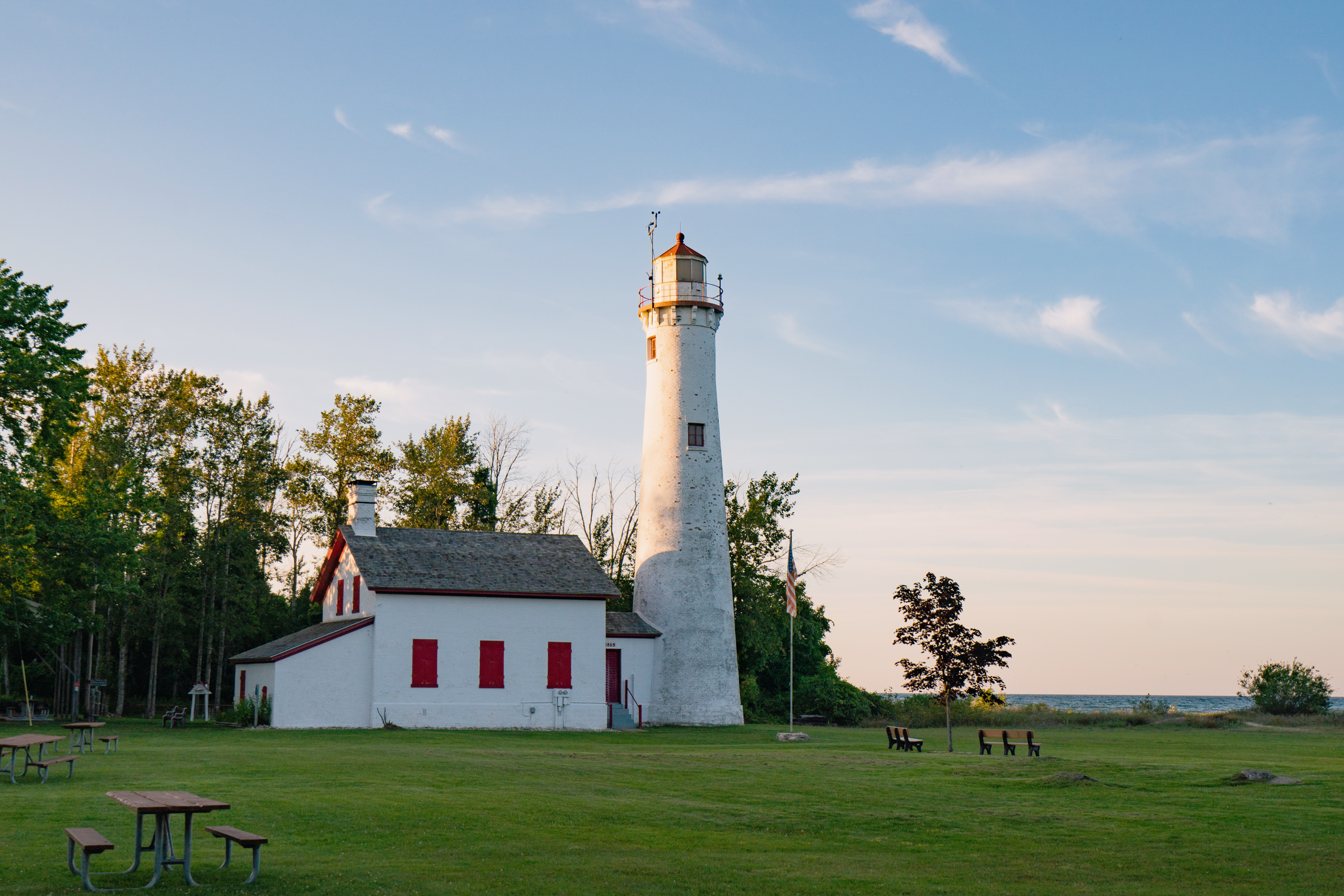 A lighthouse near the shore of Lake Huron