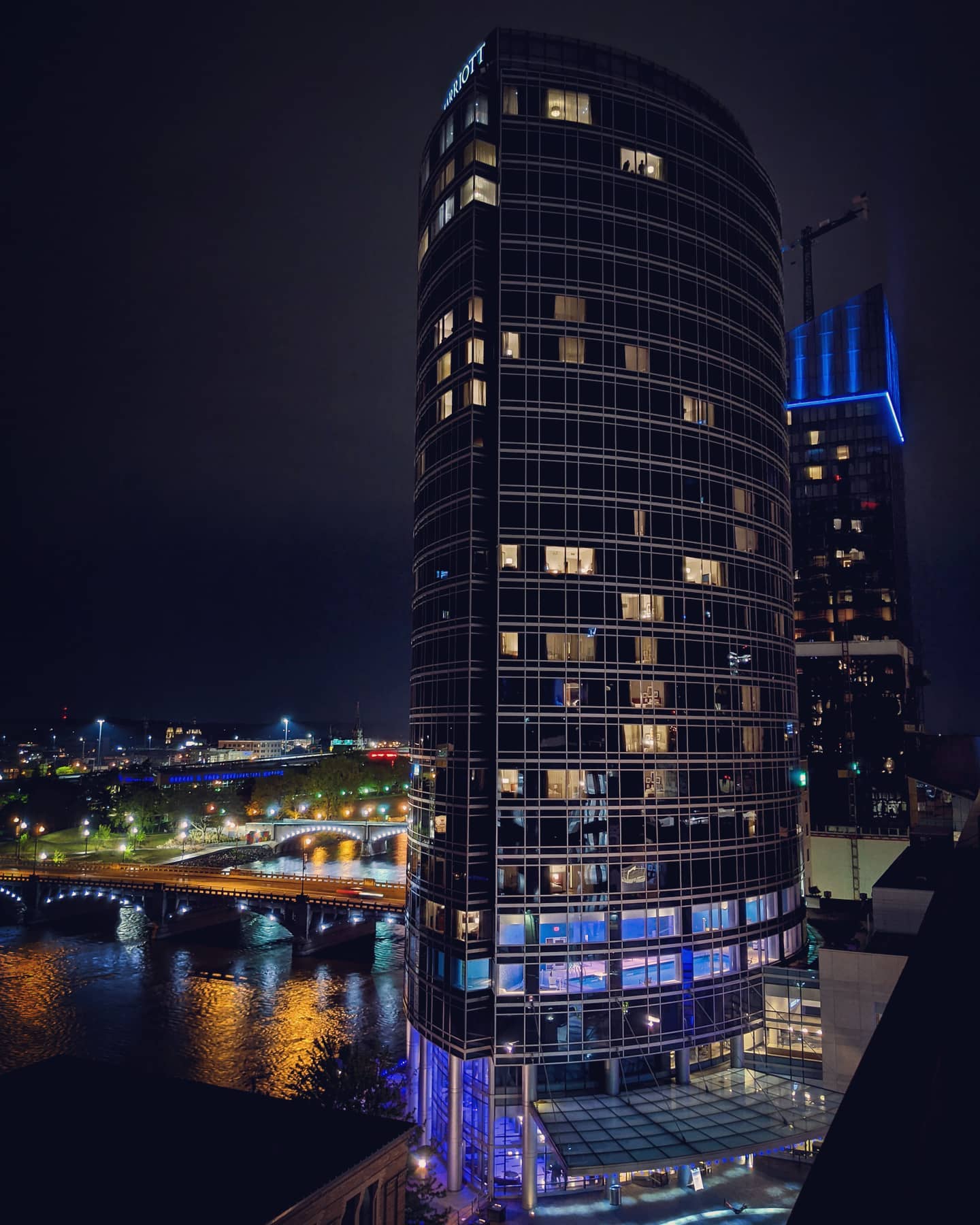 JW Marriot in Grand Rapids The JW Marriot tower along the Grand River at night