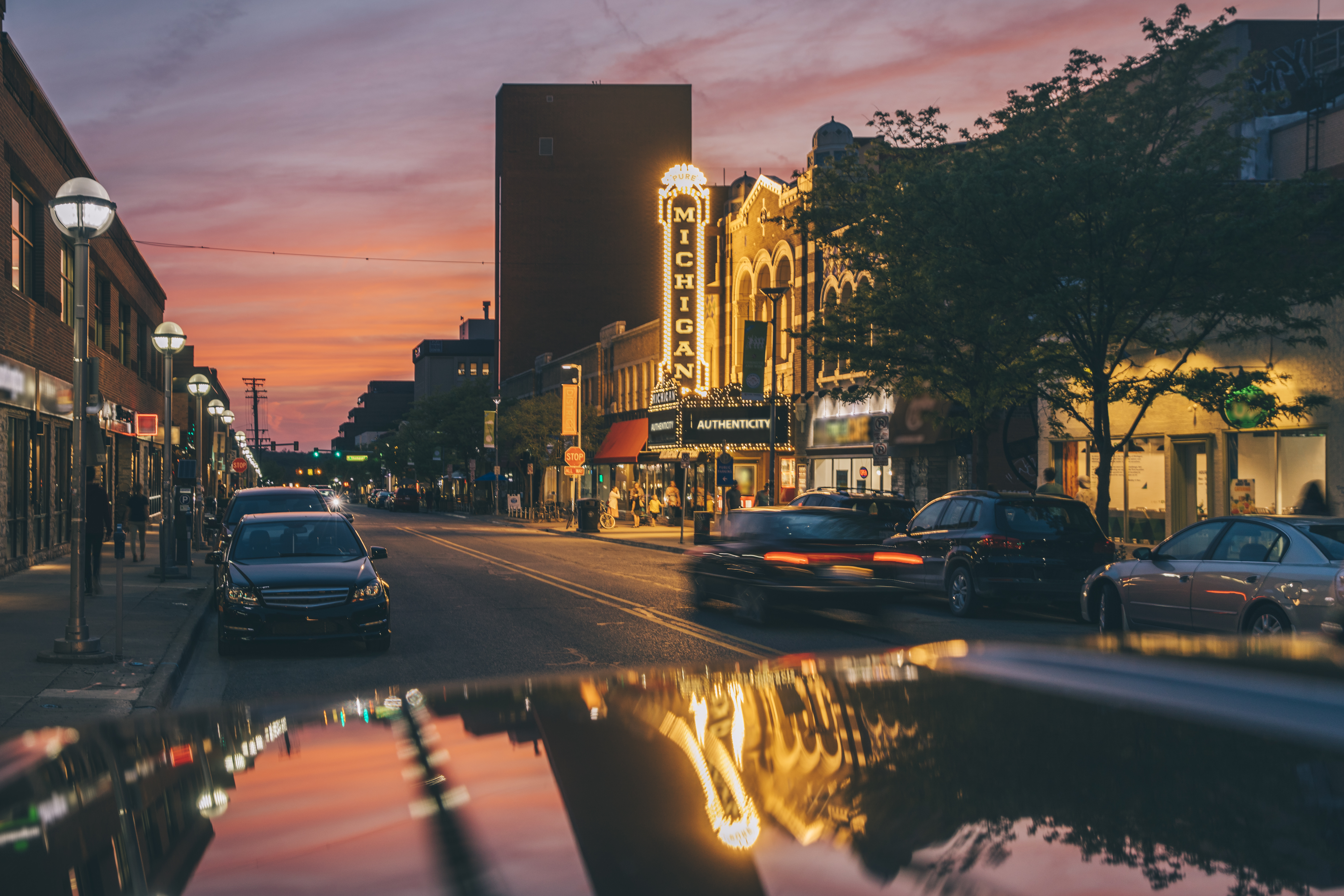 A downtown street near the Michigan Theatre in Ann Arbor