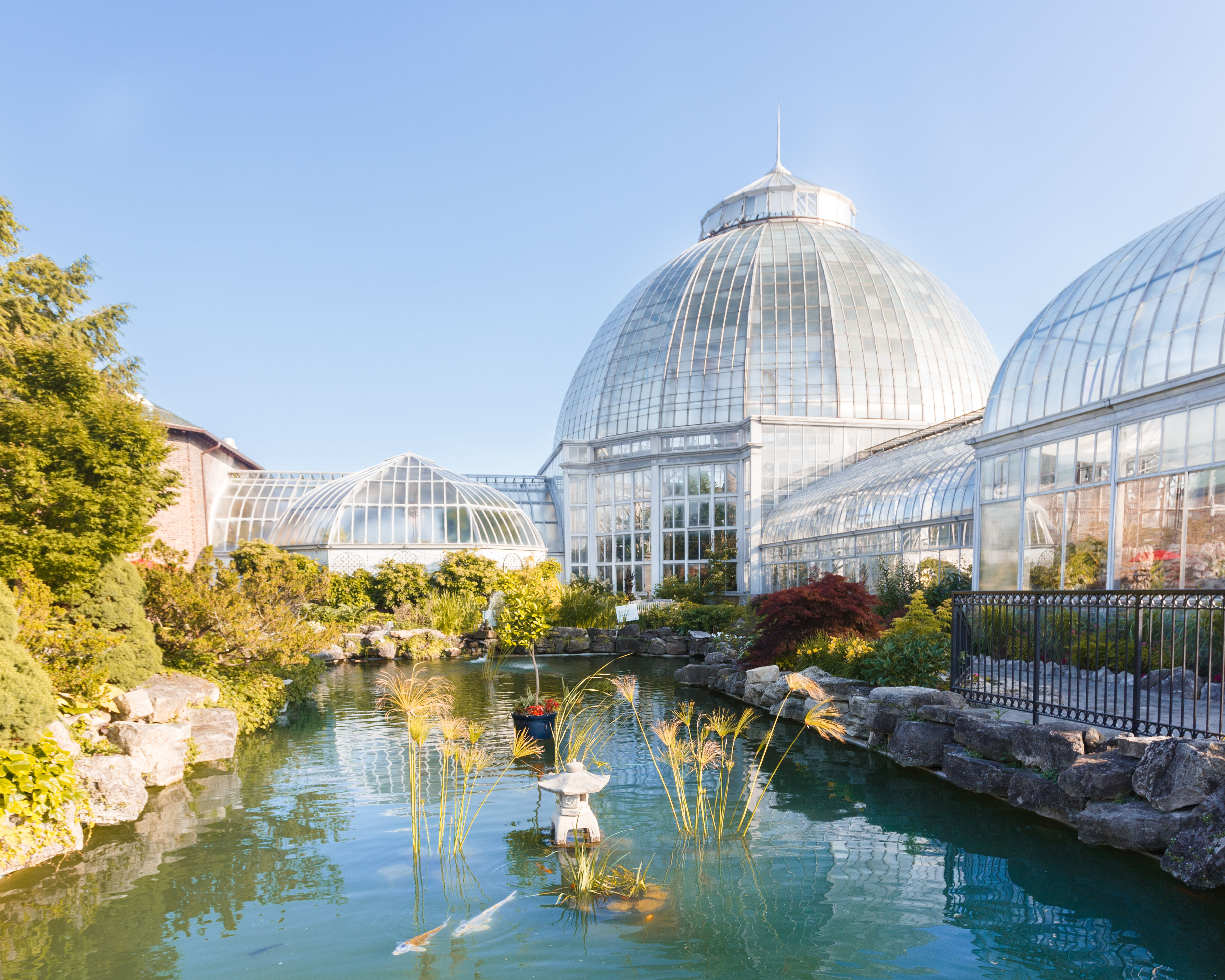 Anna Scripps Whitcomb Conservatory on Belle Isle A greenhouse next to a large koi pond
