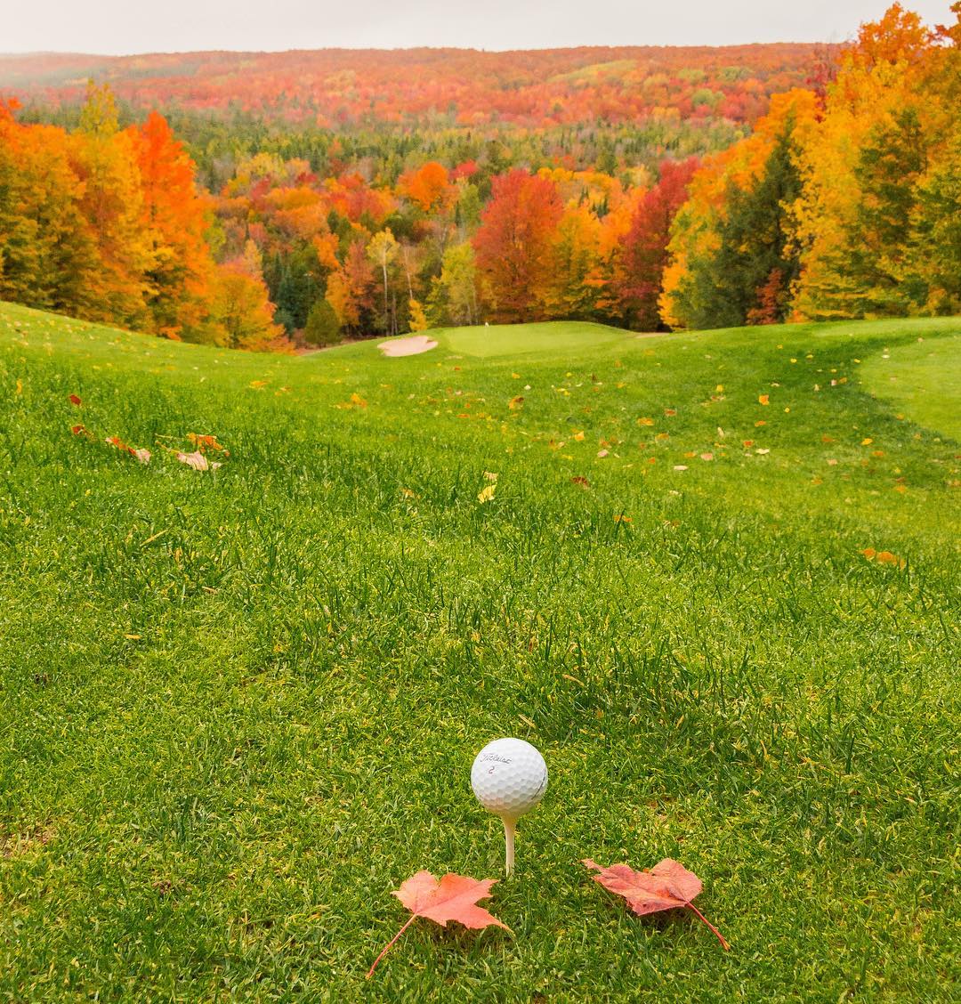 Treetops Resort A golf ball teed up at the top of a hill surrounded by fall trees