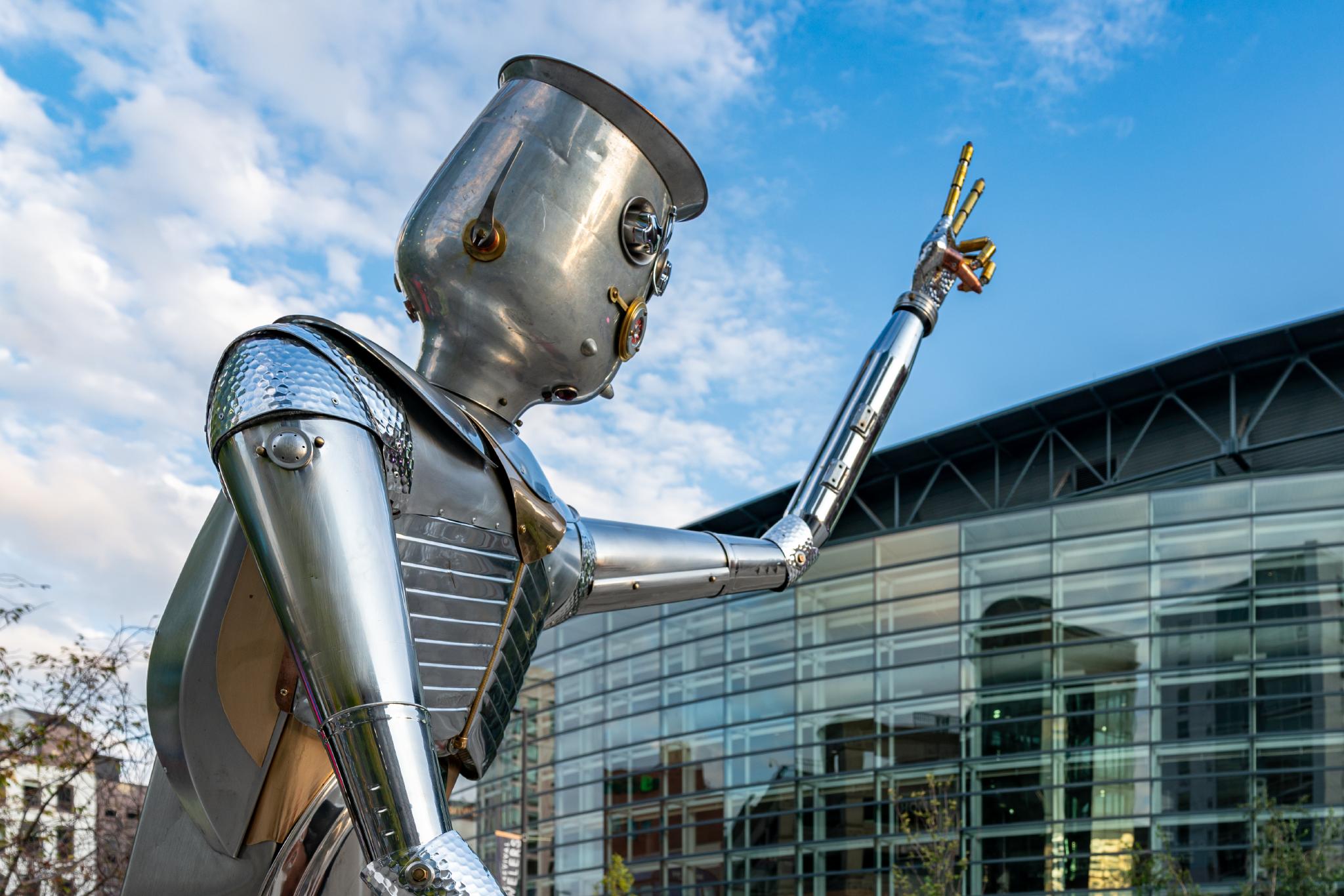 A humanoid, metal sculpture at ArtPrize 2023