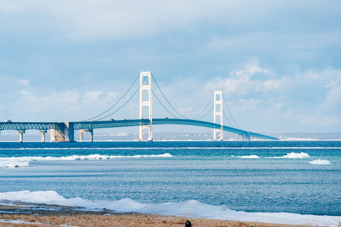 Icy Blue Waters surround the Mackinac Bridge