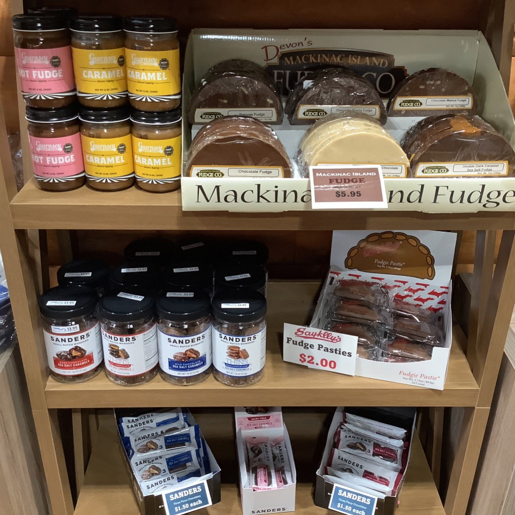 Michigan Made A display of Michigan-made candies and fudge in a store.