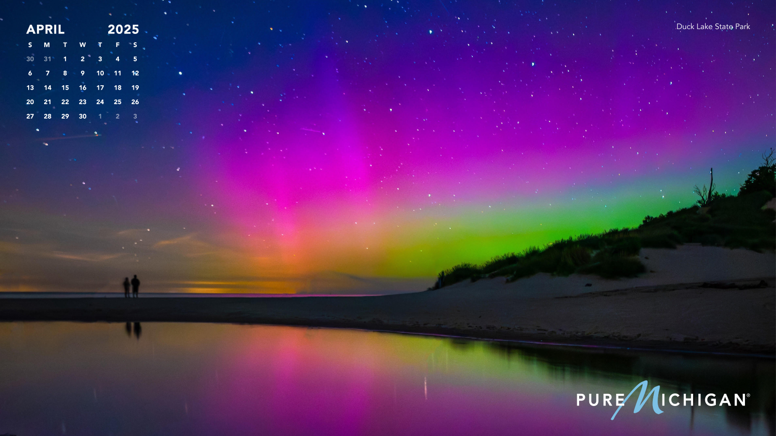 2025 Pure Michigan Calendar | April Northern lights over water.
