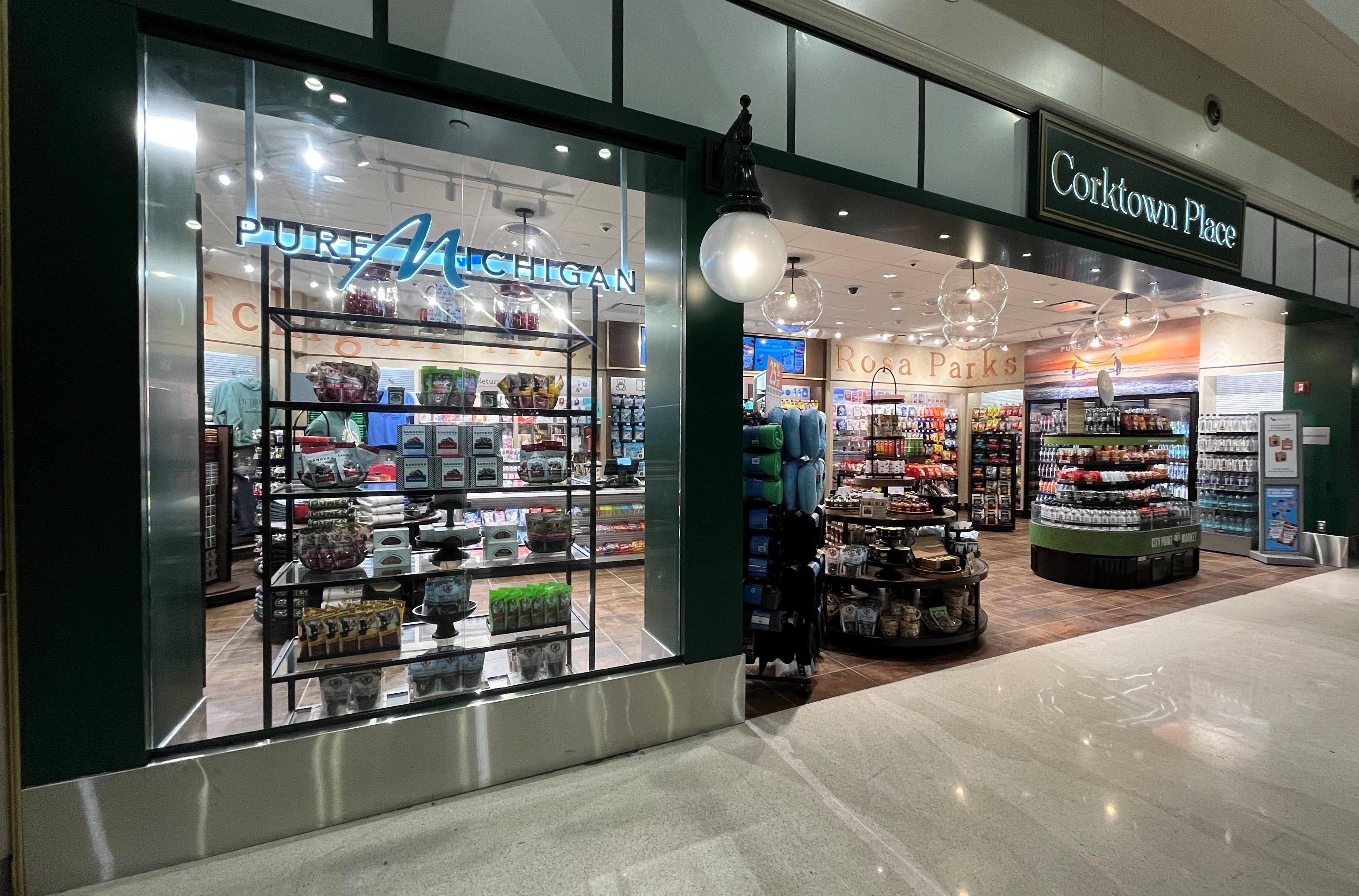 Corktown Place store at Detroit Metropolitan Wayne County Airport (DTW) Pure Michigan merchandise display in a storefront window at the Detroit Airport.