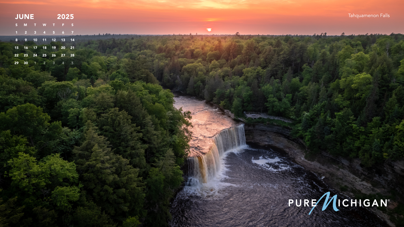 2025 Pure Michigan Calendar | June Tahquamenon Falls with a graphic of the calendar month of June 2025.