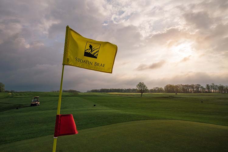 A yellow golf flag and lush green grass on the green and fairway of hole number 8 at Stoatin Brae Golf Club