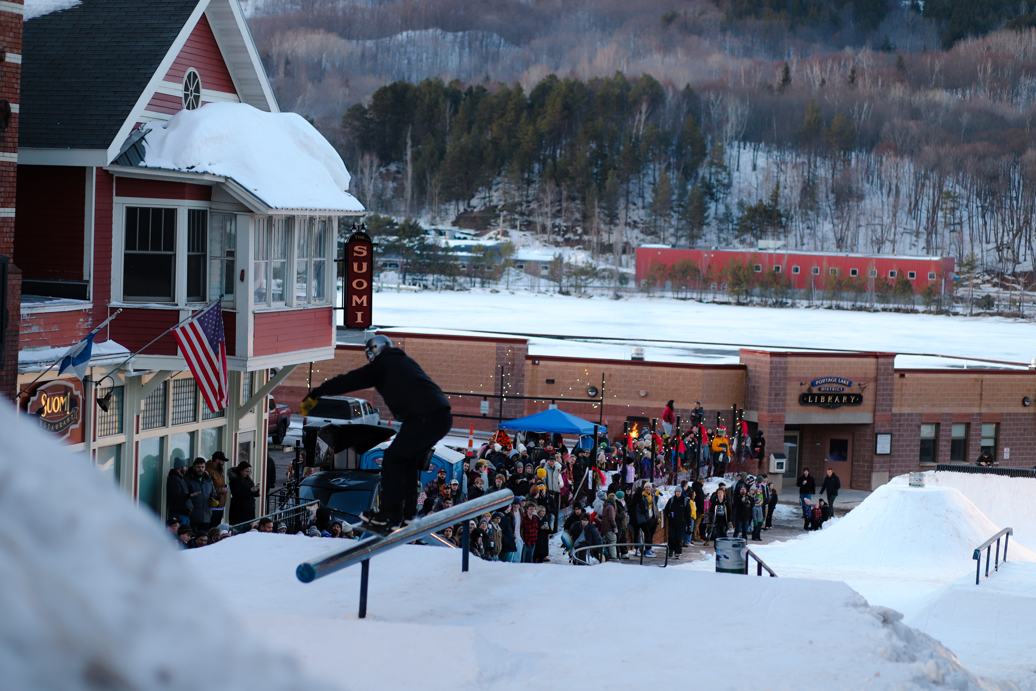 Jibba Jabba Rail Jam A snowboarder on a rail installed in downtown Houghton.