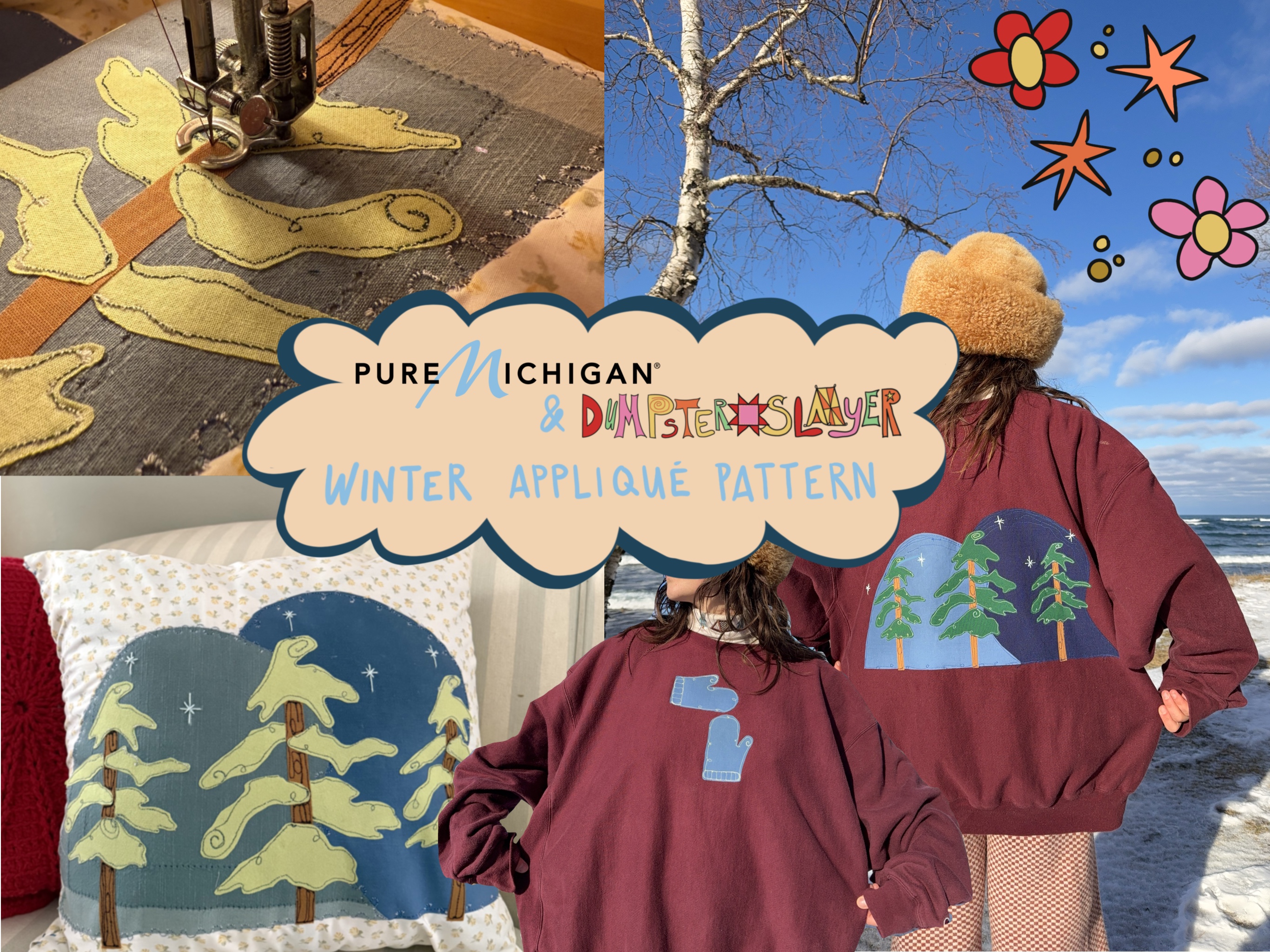 A graphic design featuring Madie Loebig posing in the Pure Michigan Winter Sweater. 