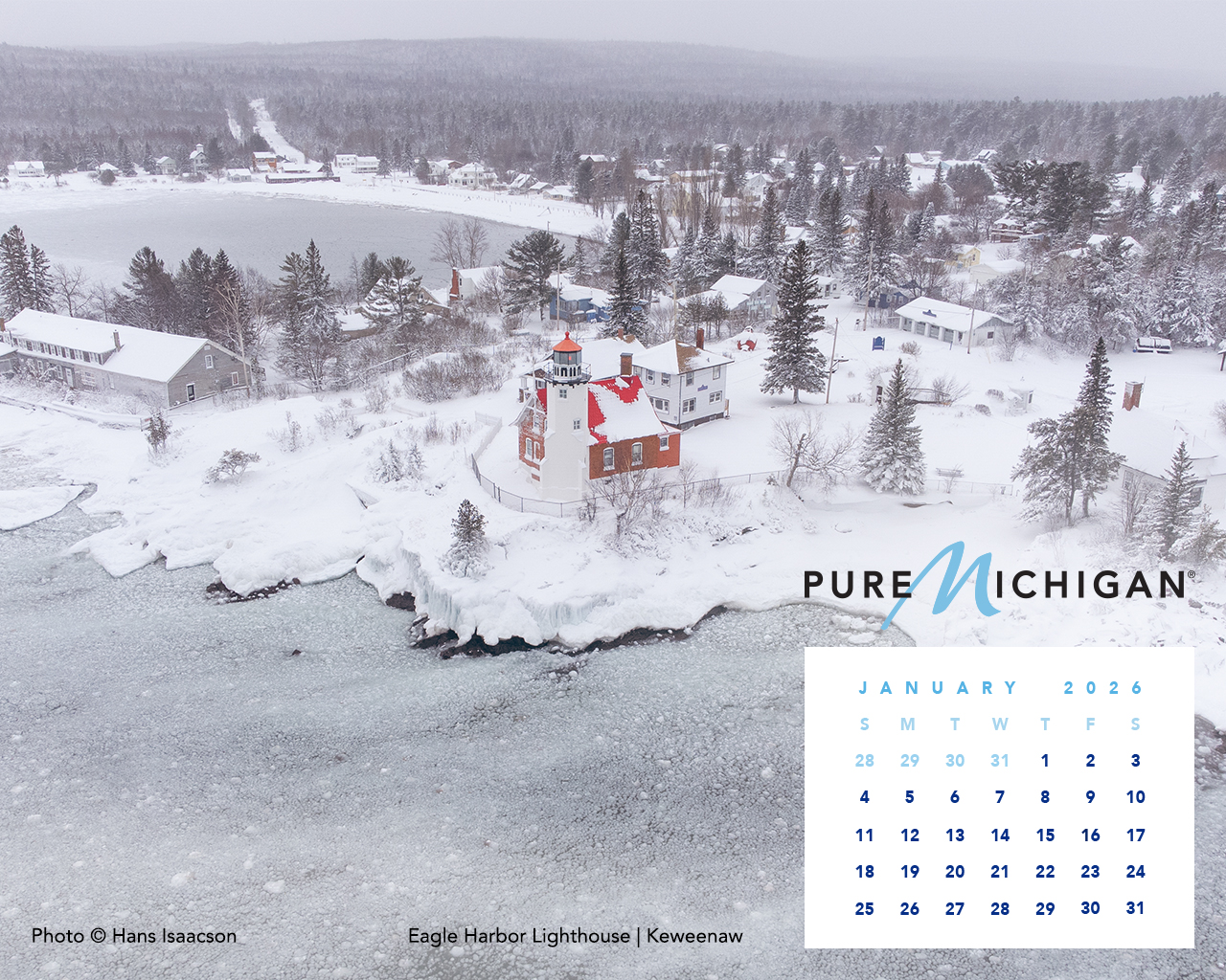 A lighthouse on a snowy and forested coastline with an overlayed calendar graphic for January 2026.