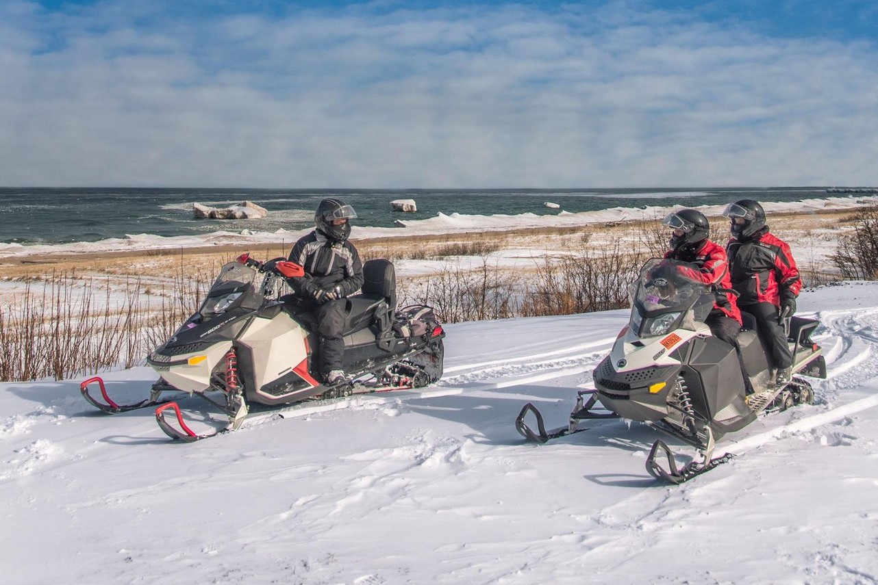 Snowmobiling along Lake Superior.