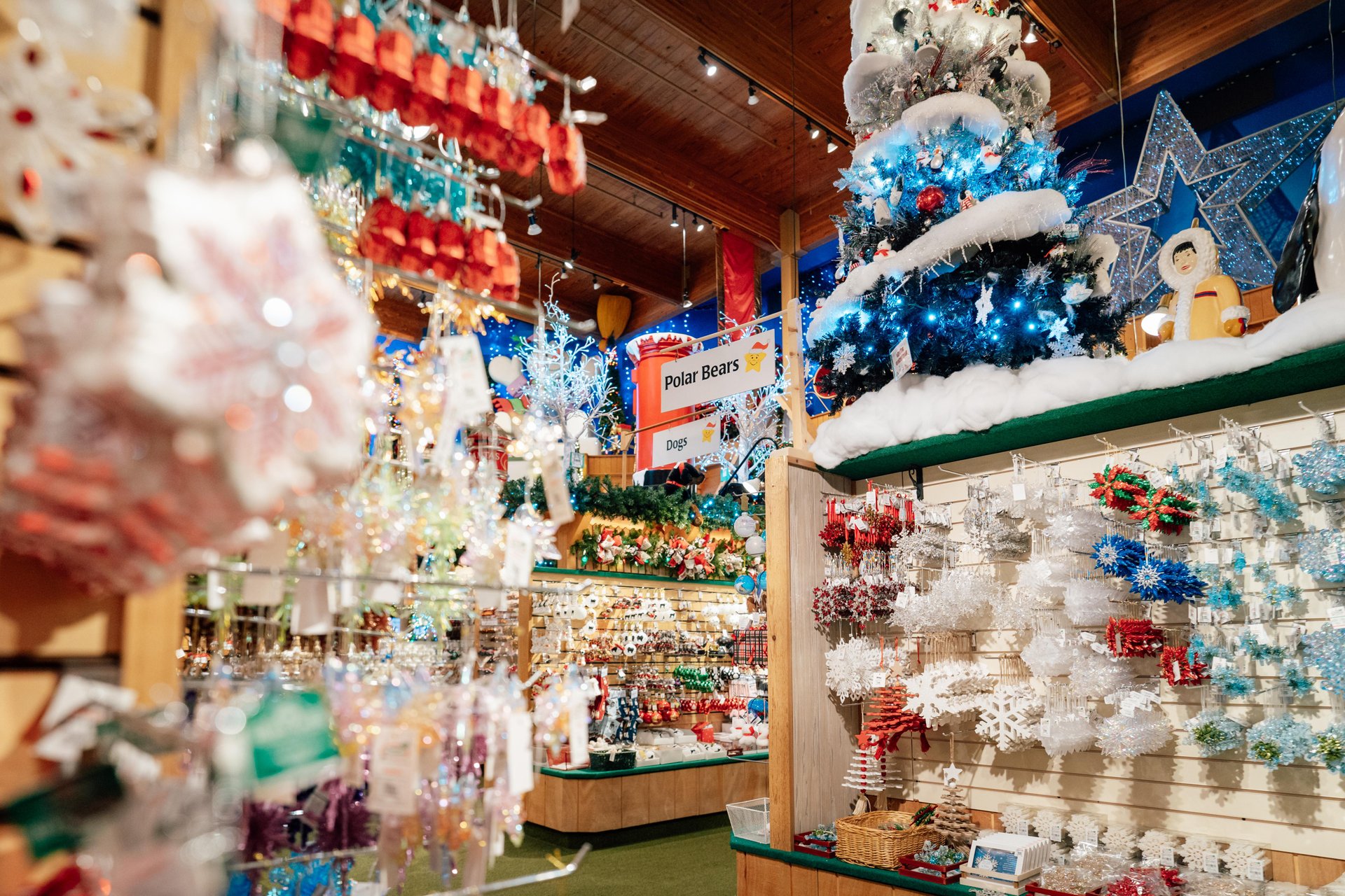 Displays of Christmas ornaments inside Bronner's Christmas Wonderland. 