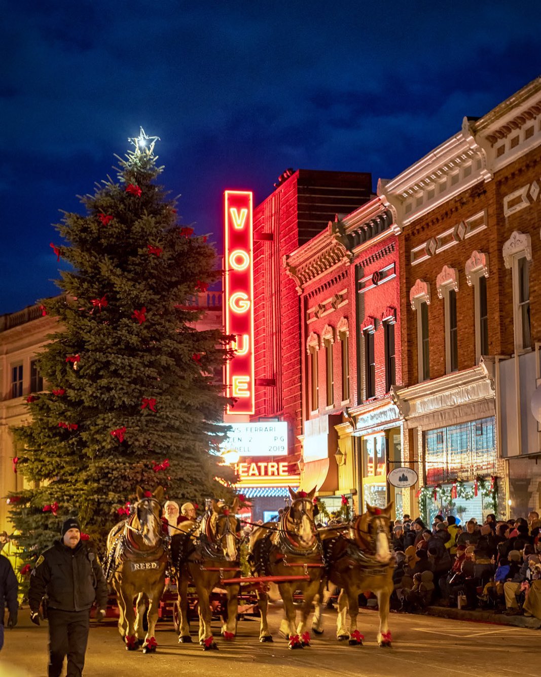 A team of four horses pulling a Christmas tree through downtown Manistee.