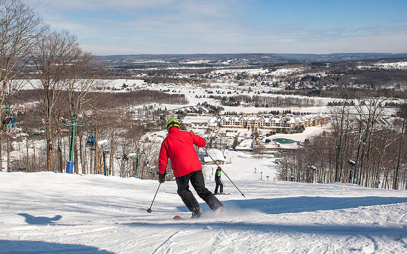 skier in a red jacket and black pants, ready to go down the hill, overview of ski mountain, blue and cloudy sky
