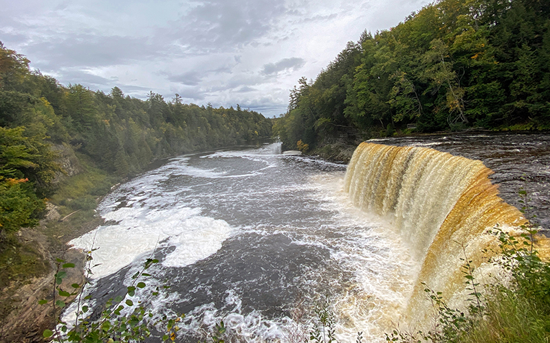 tahquamenon falls of brown and amber color, green trees and cloudy skies