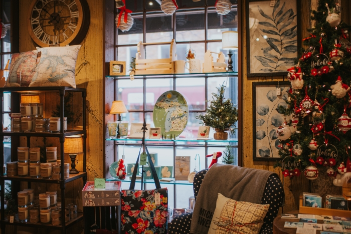 Home decor displays at Apothecary Gift Shop. 