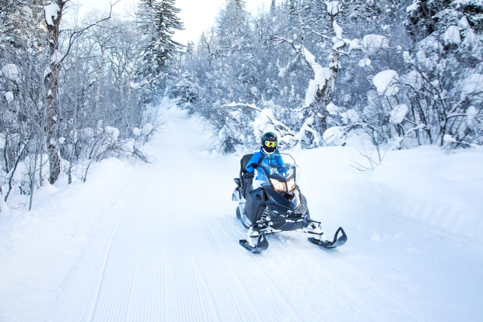 Snowmobiling on trail in the Upper Peninsula