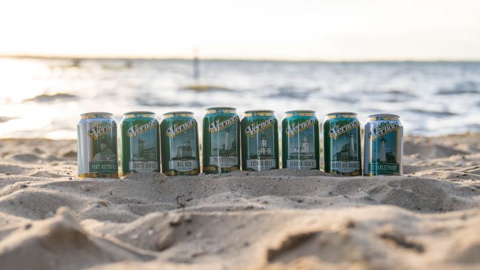 2019 Vernors Lighthouse cans displayed on the beach