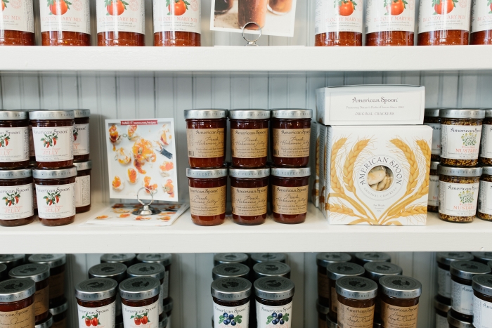 Jars of jam on shelf at American Spoon.
