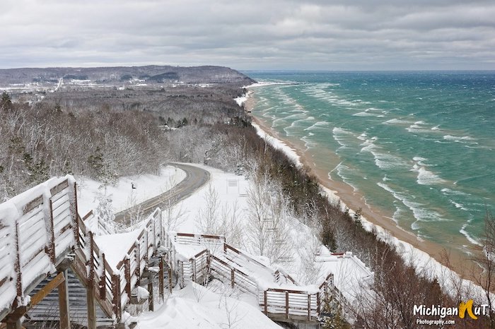 An iconic view of Lake Michigan in winter at Inspiration Point in Arcadia