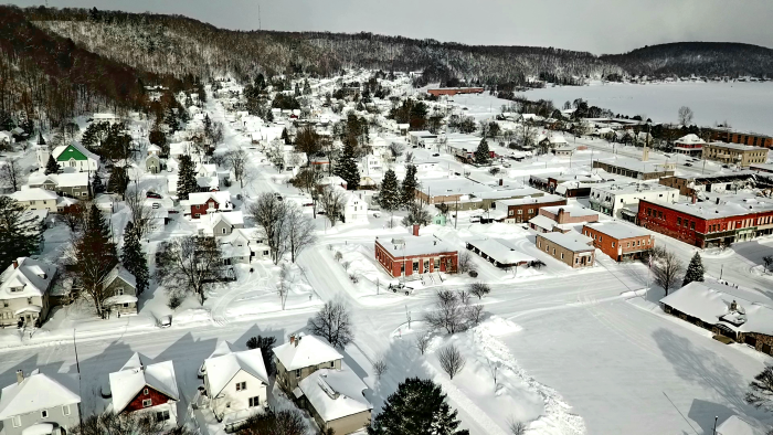 Downtown Munising covered in snow