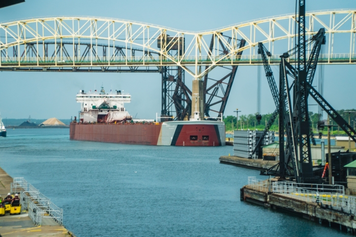 A freighter traveling through the Soo Locks.