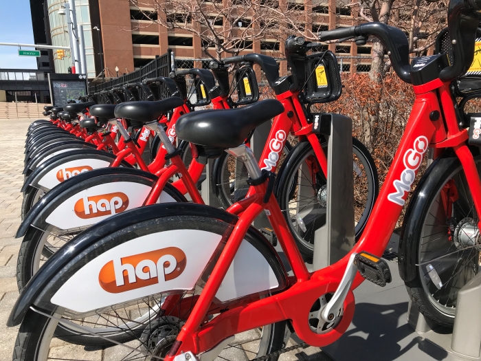 Detroit's MoGo Bike Share parked in downtown.