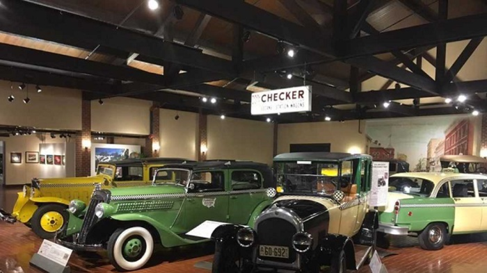 Antique car exhibit at Gilmore Car Museum.
