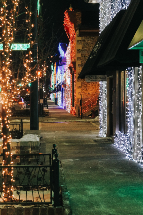 Light displays on buildings in Rochester.