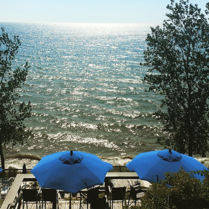 A patio overlooking Lake Michigan in Saugatuck