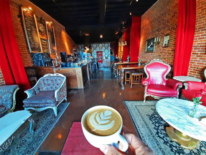 A latte inside Cafe Rhema