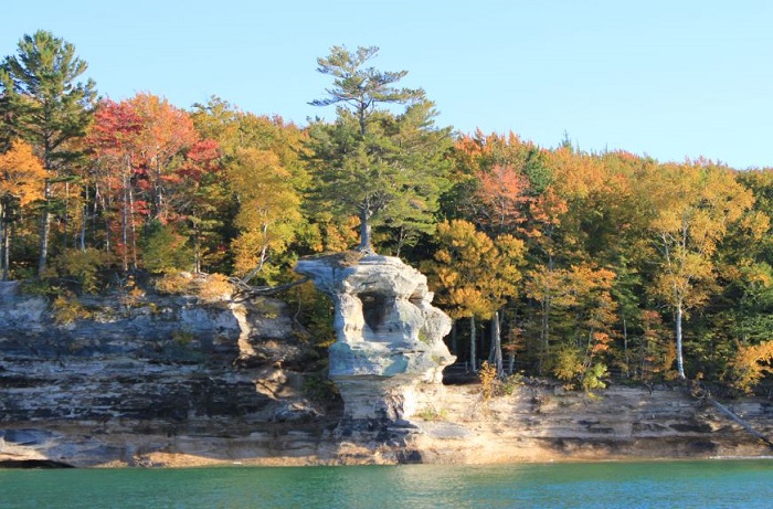 Chapel Rock formation beside Lake Superior in the fall