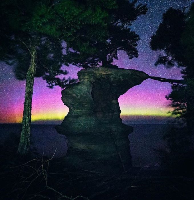 Northern Lights over Chapel Rock on Pictured Rocks National Lakeshore.