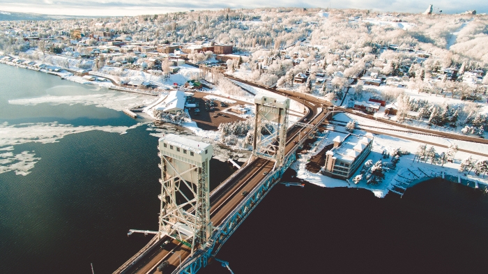 Bridge and downtown Houghton during winter.
