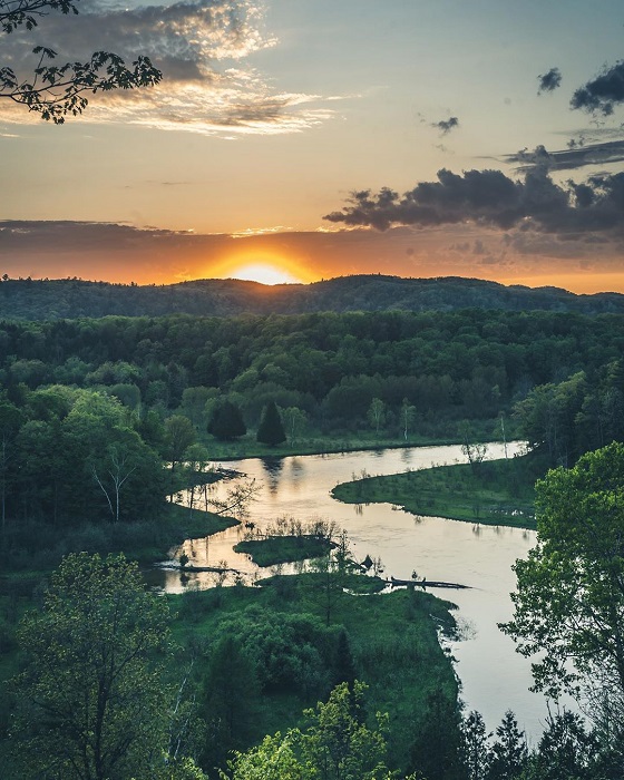 Aerial view of the Manistee River in forest at sunset