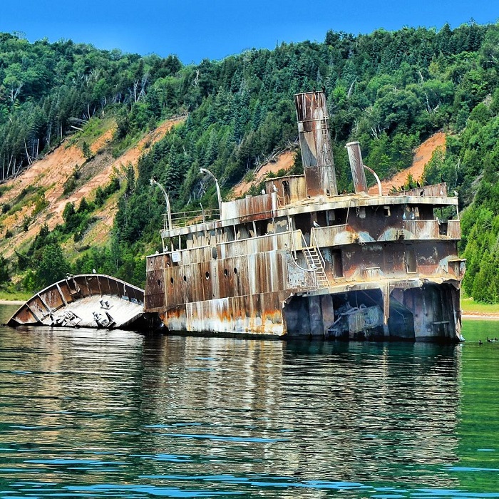 Wreck of the Francisco Morazan resting above the water's surface near South Manitou Island