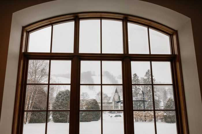Window showing snowy outdoors at The Spa at Boyne Mountain.