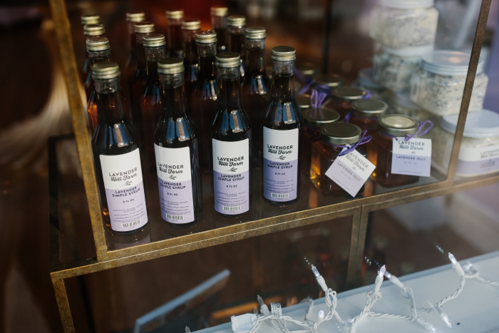 Lavender inspired products on display in shop. 