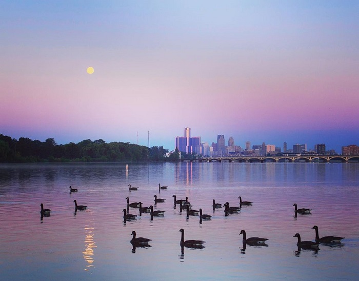 Detroit Skyline Sunset View from Belle Isle