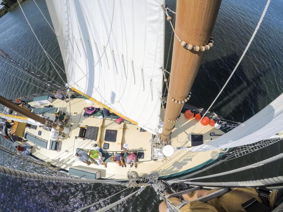 People aboard a tall ship sailing on the water. 