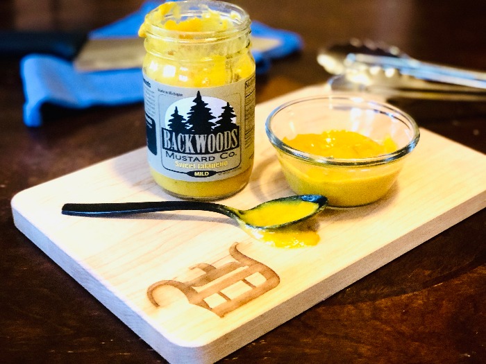 Backwoods Mustard jar on a Detroit Tigers cutting board