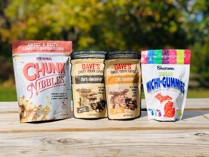 Bags of Chunk Nibbles, Daves Sweet Tooth Toffee, and Michi-Gummies