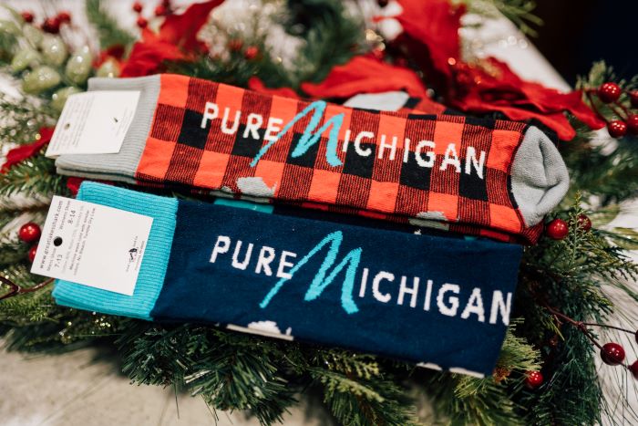 Pure Michigan Socks on holiday wreath