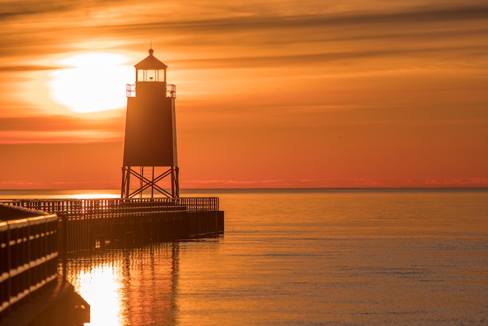 lighthouse at sunset in Charlevoix