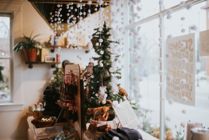 Holiday display in store window at Woosah.